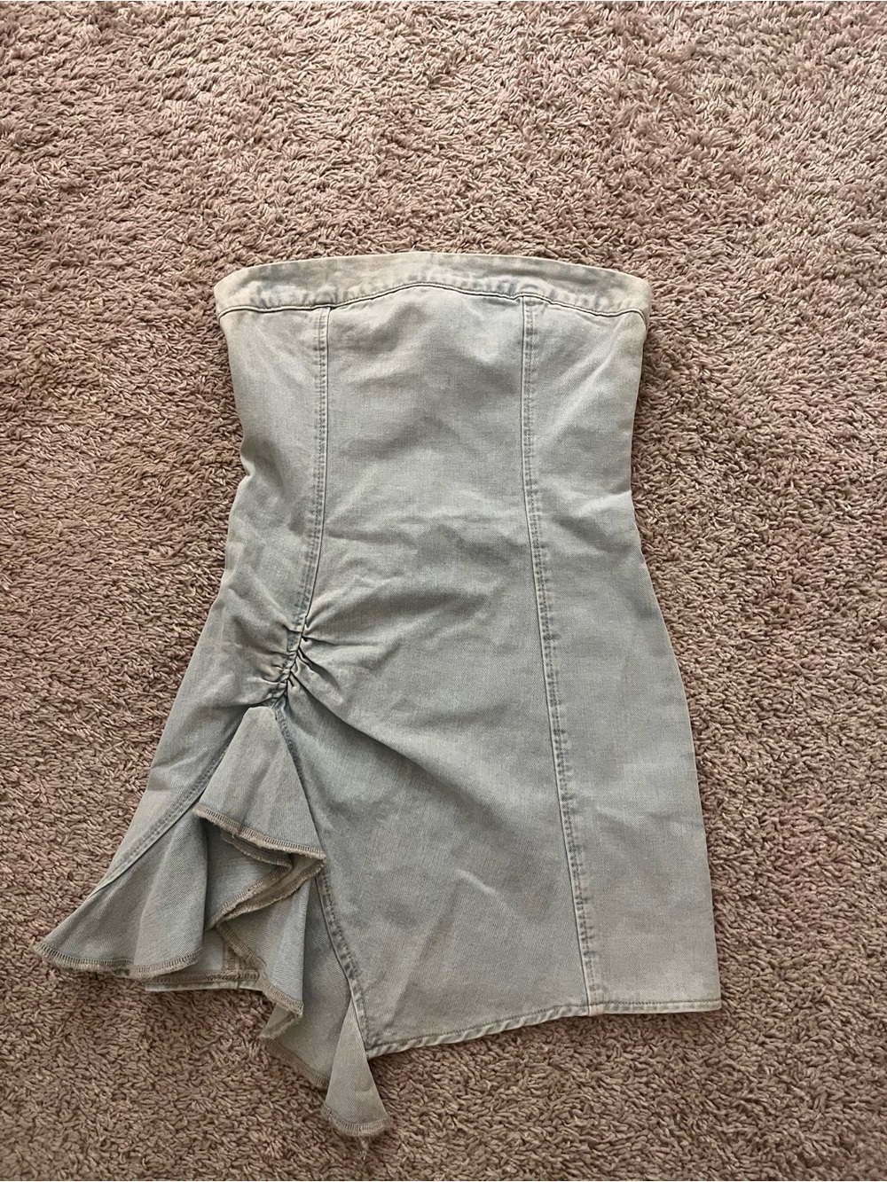 Peppermayo Light Blue Strapless Denim Ruffle Dress